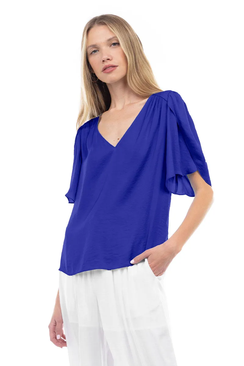 Flutter Sleeve V-Neck Satin Blouse