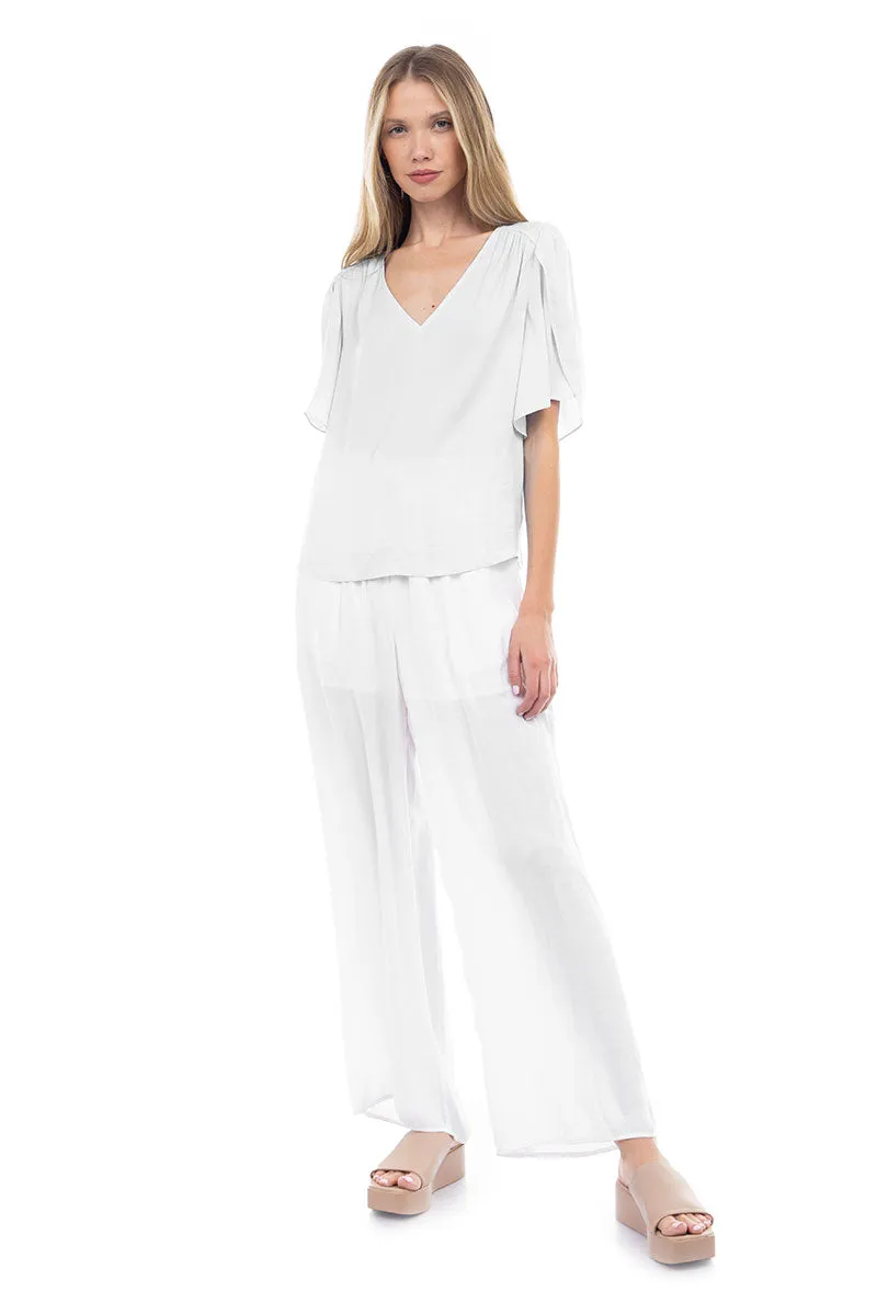 Flutter Sleeve V-Neck Satin Blouse