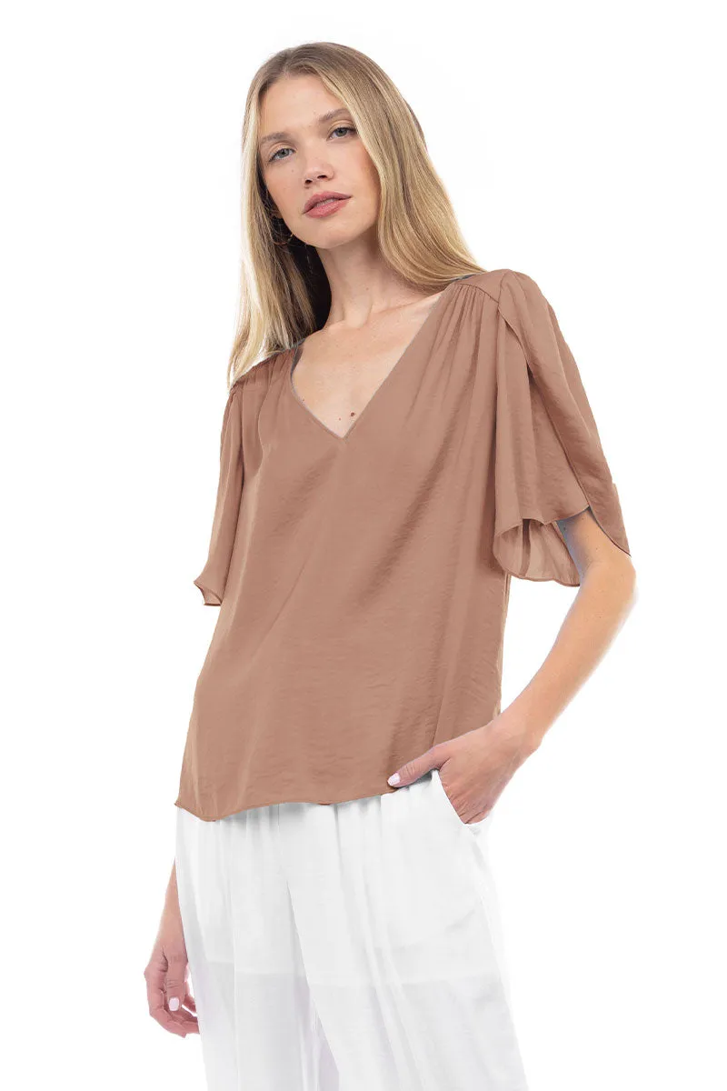 Flutter Sleeve V-Neck Satin Blouse