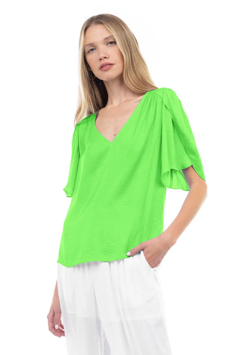 Flutter Sleeve V-Neck Satin Blouse