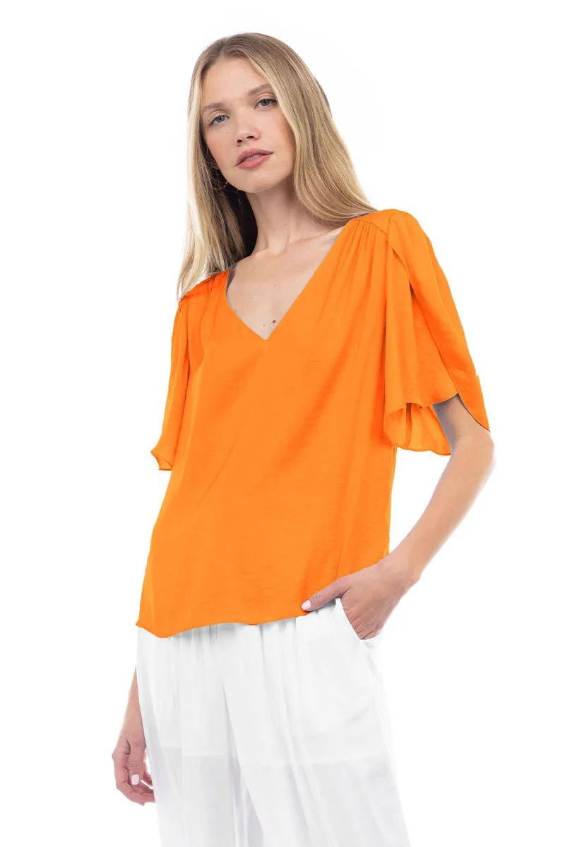 Flutter Sleeve V-Neck Satin Blouse