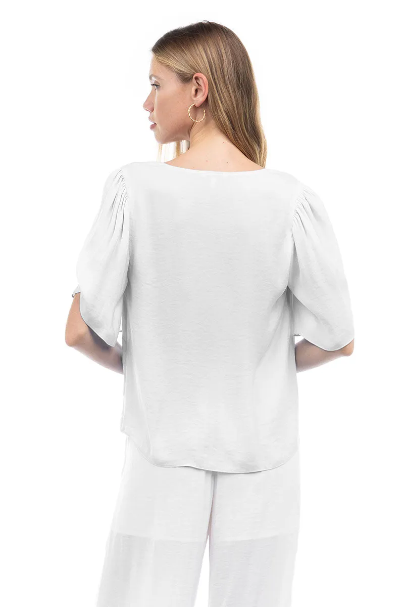 Flutter Sleeve V-Neck Satin Blouse