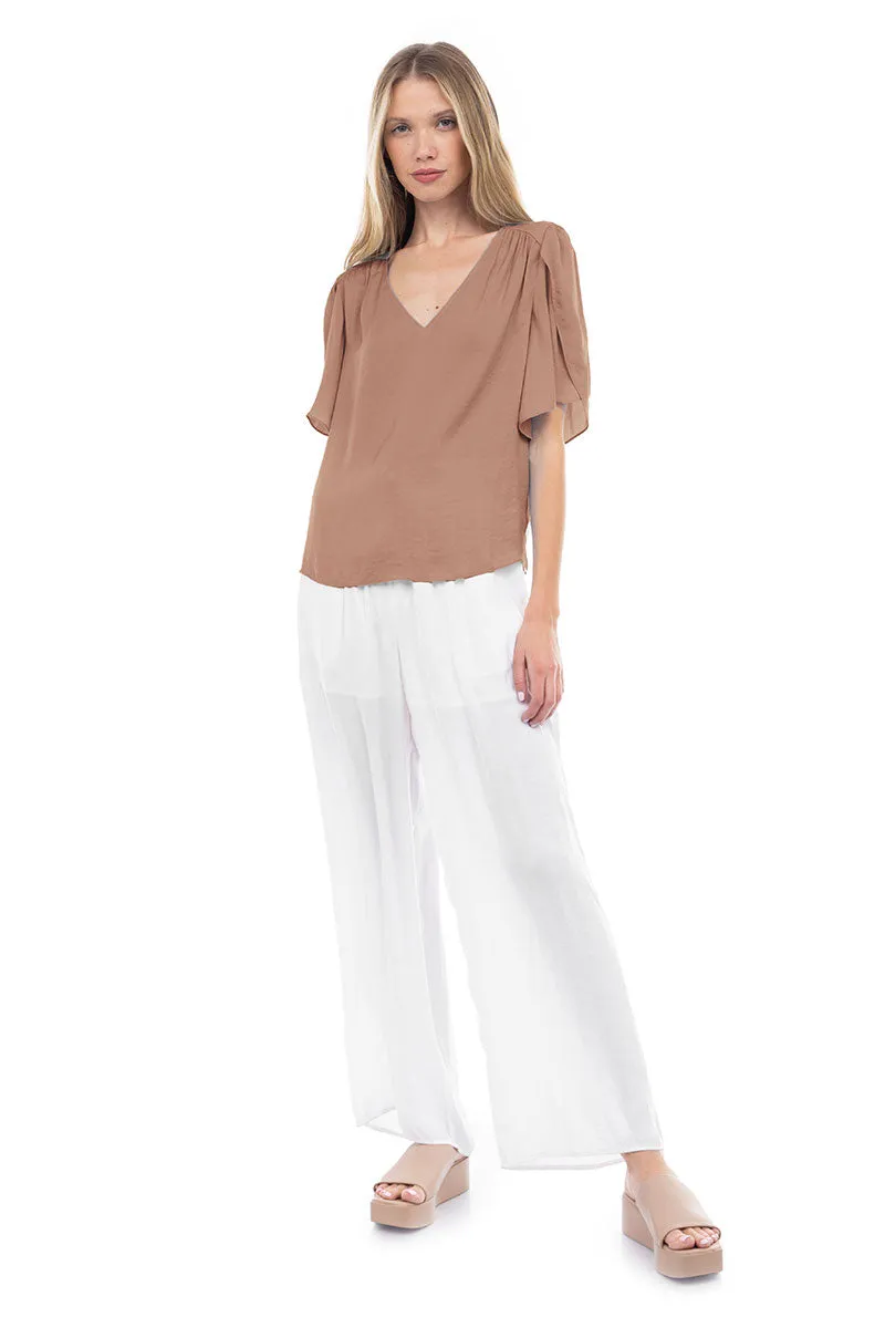 Flutter Sleeve V-Neck Satin Blouse