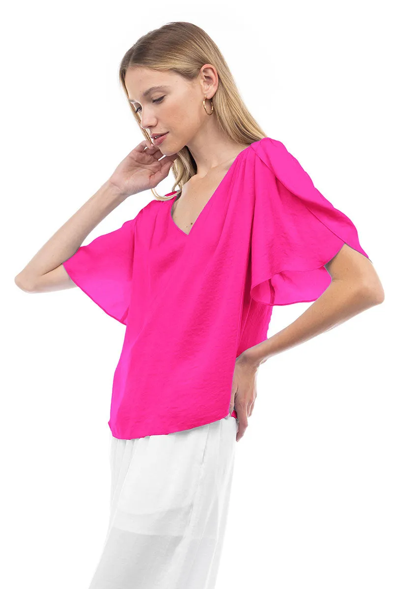 Flutter Sleeve V-Neck Satin Blouse