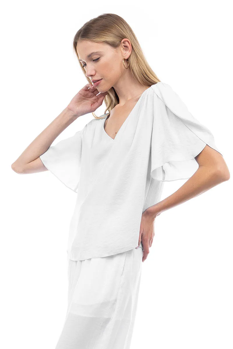 Flutter Sleeve V-Neck Satin Blouse