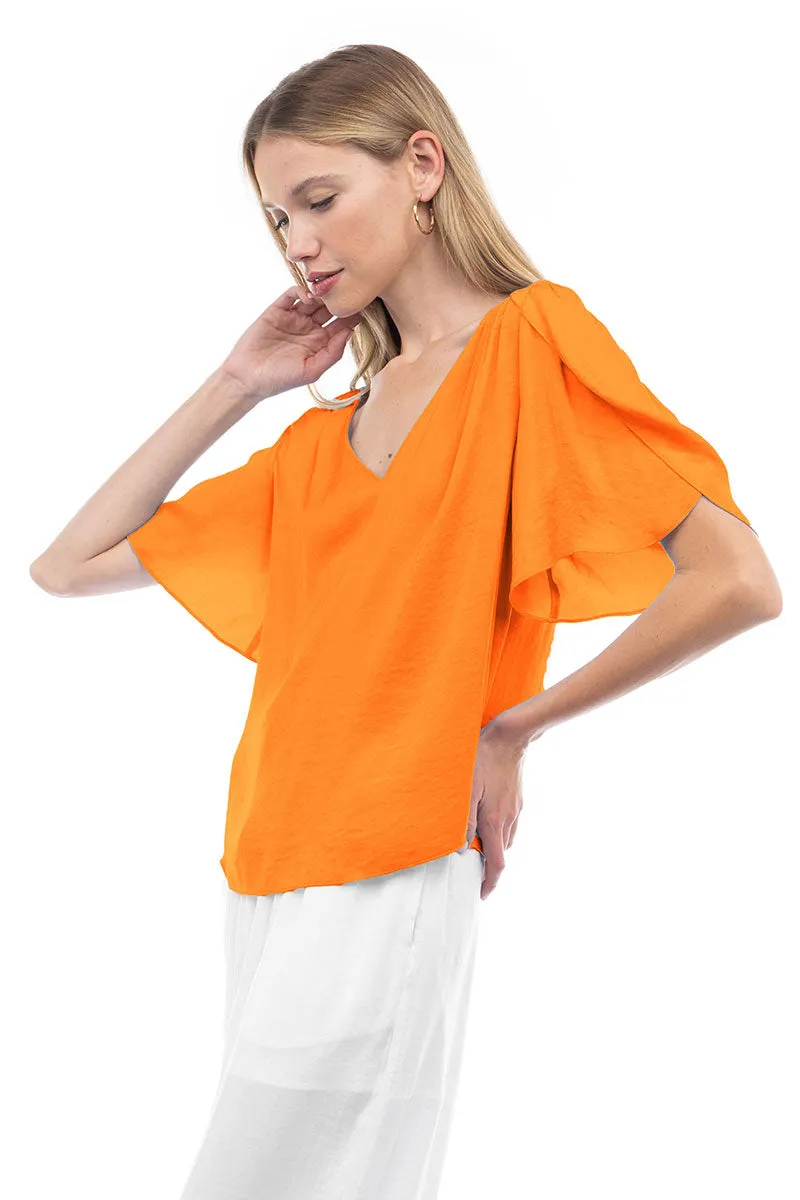 Flutter Sleeve V-Neck Satin Blouse