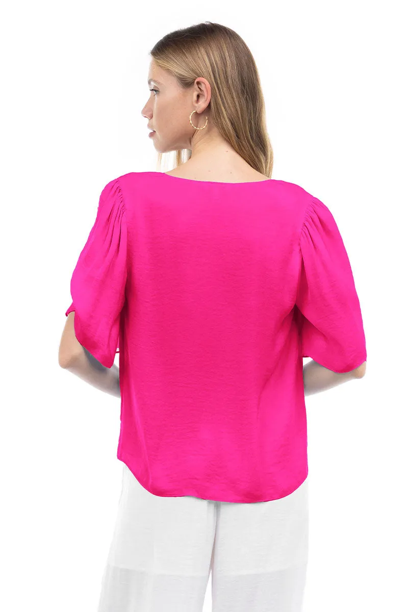 Flutter Sleeve V-Neck Satin Blouse
