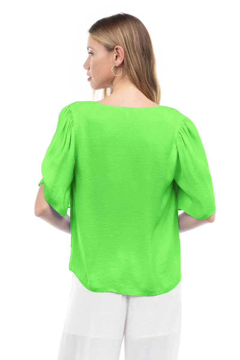Flutter Sleeve V-Neck Satin Blouse