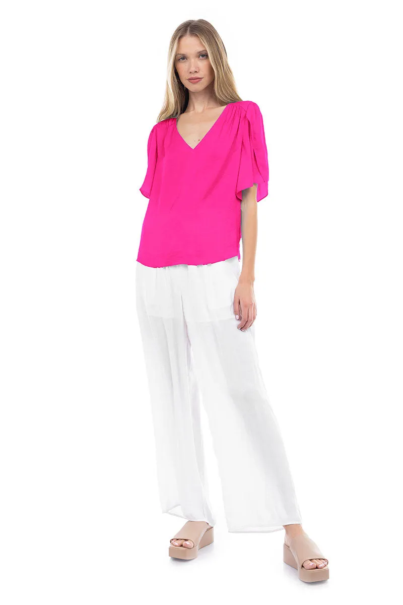 Flutter Sleeve V-Neck Satin Blouse