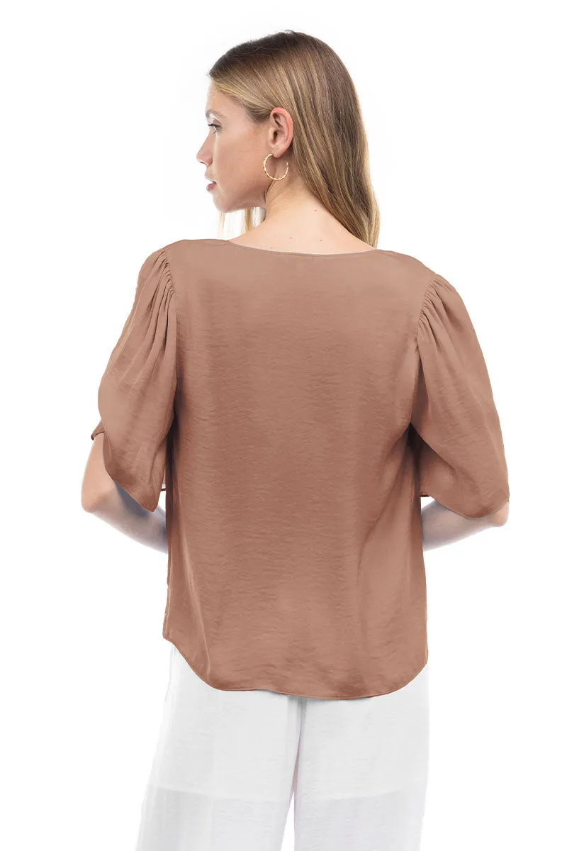 Flutter Sleeve V-Neck Satin Blouse