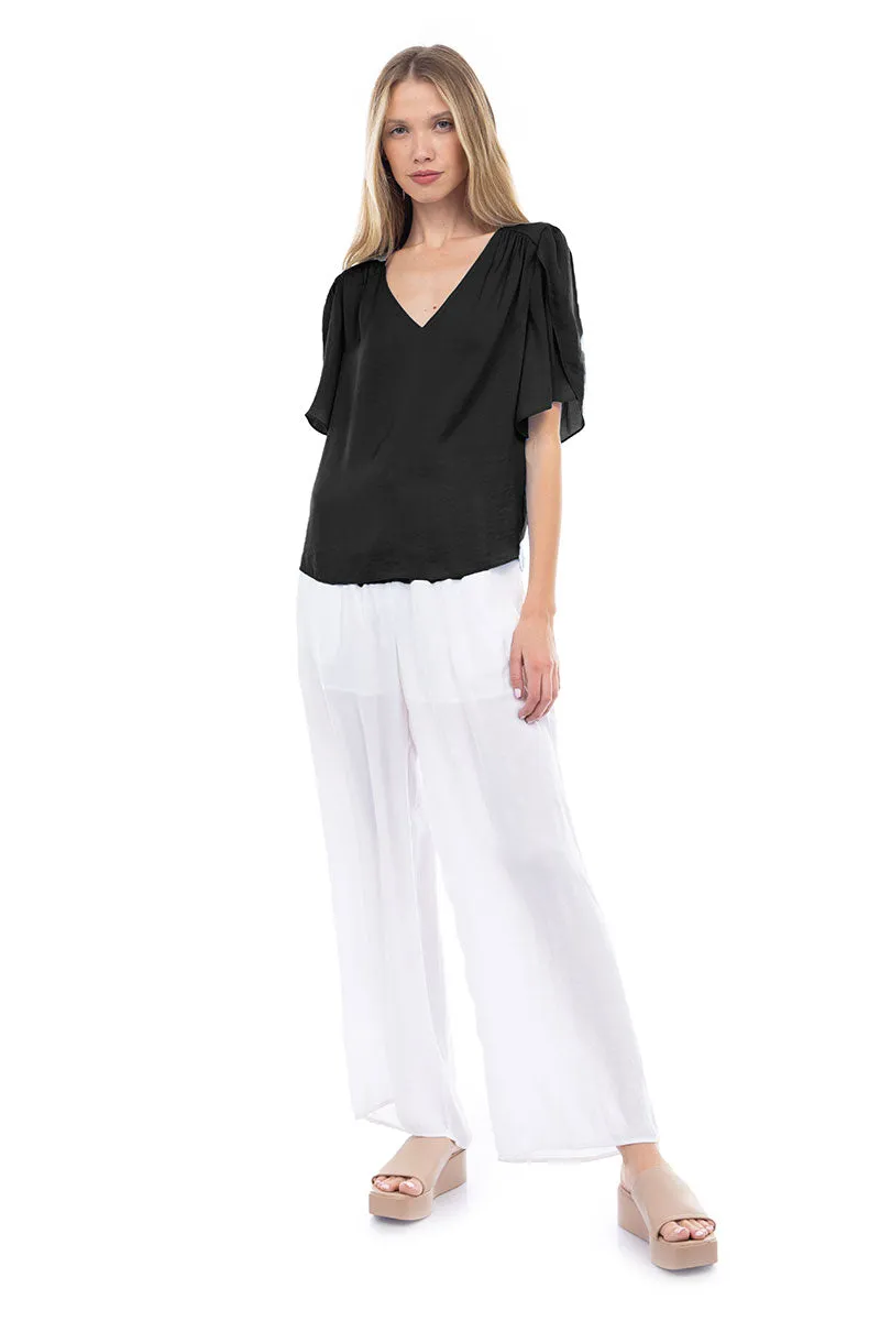 Flutter Sleeve V-Neck Satin Blouse