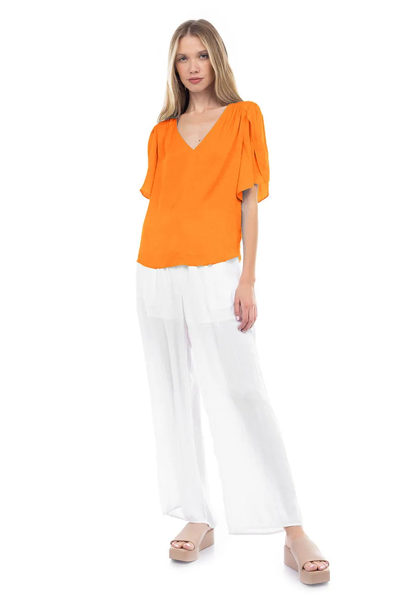 Flutter Sleeve V-Neck Satin Blouse