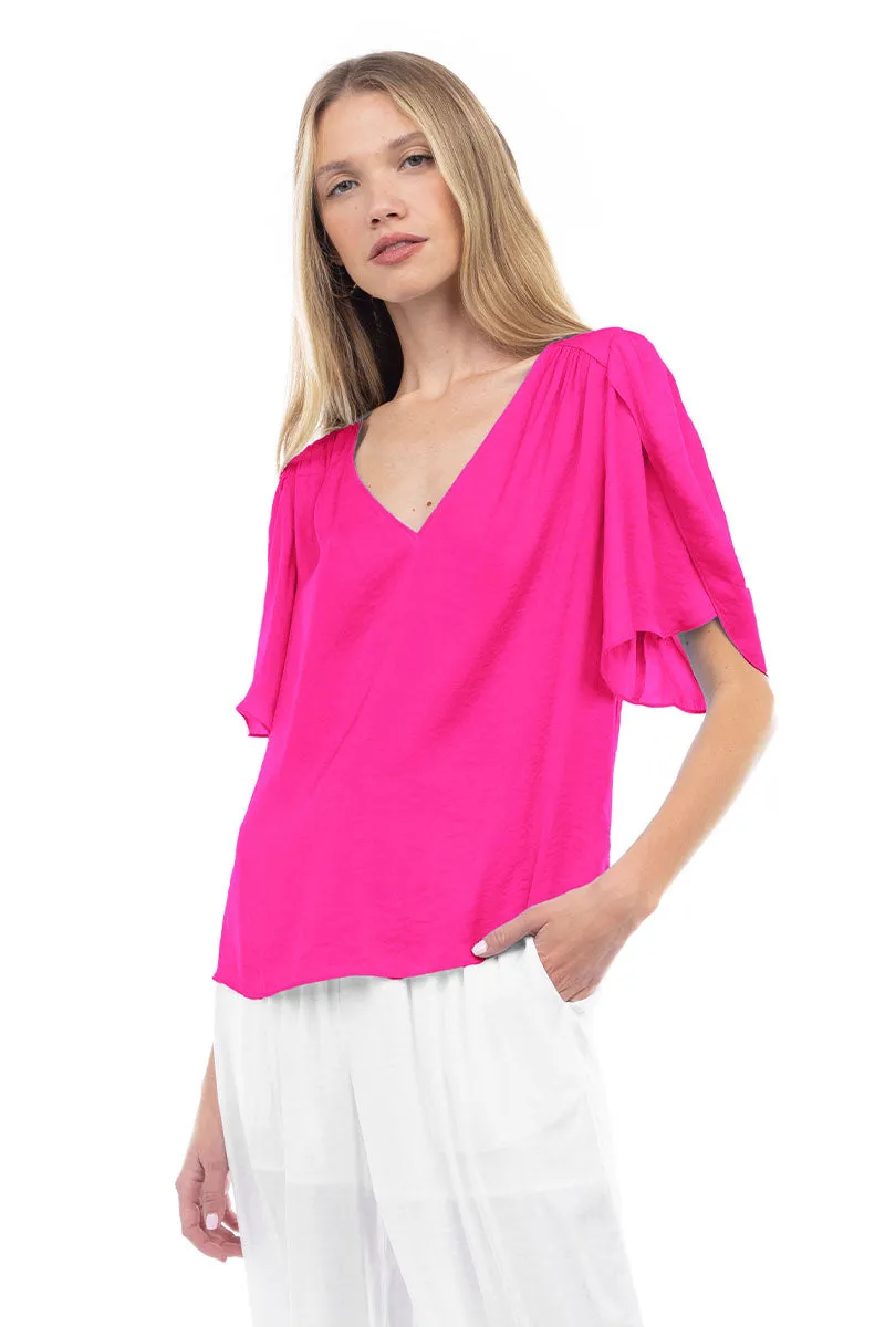 Flutter Sleeve V-Neck Satin Blouse