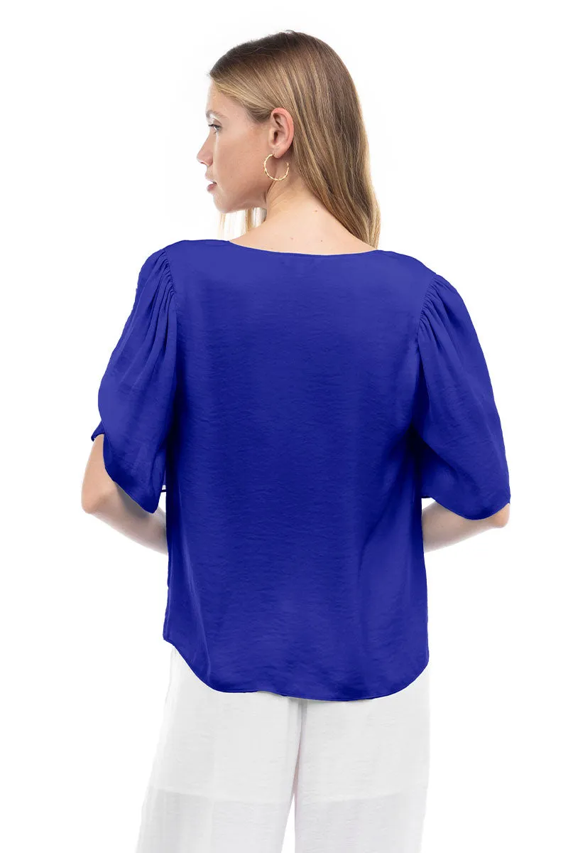 Flutter Sleeve V-Neck Satin Blouse
