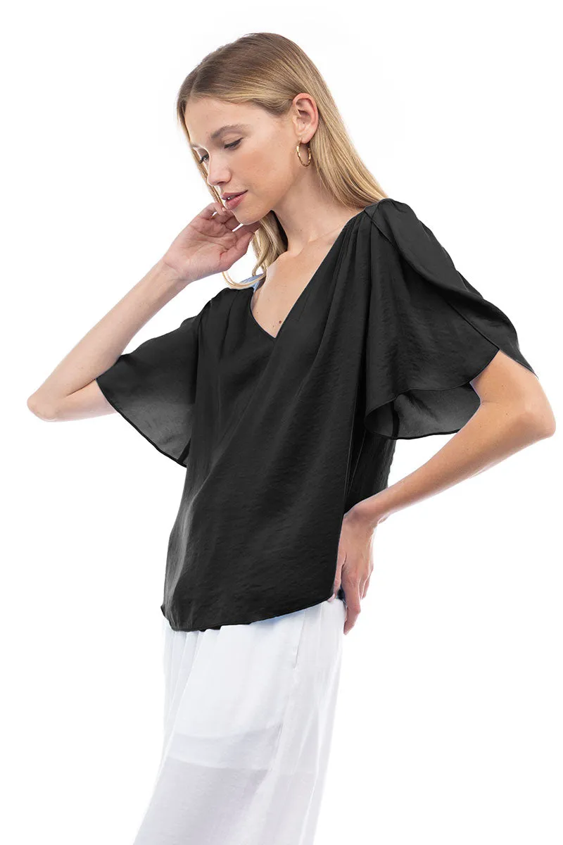 Flutter Sleeve V-Neck Satin Blouse