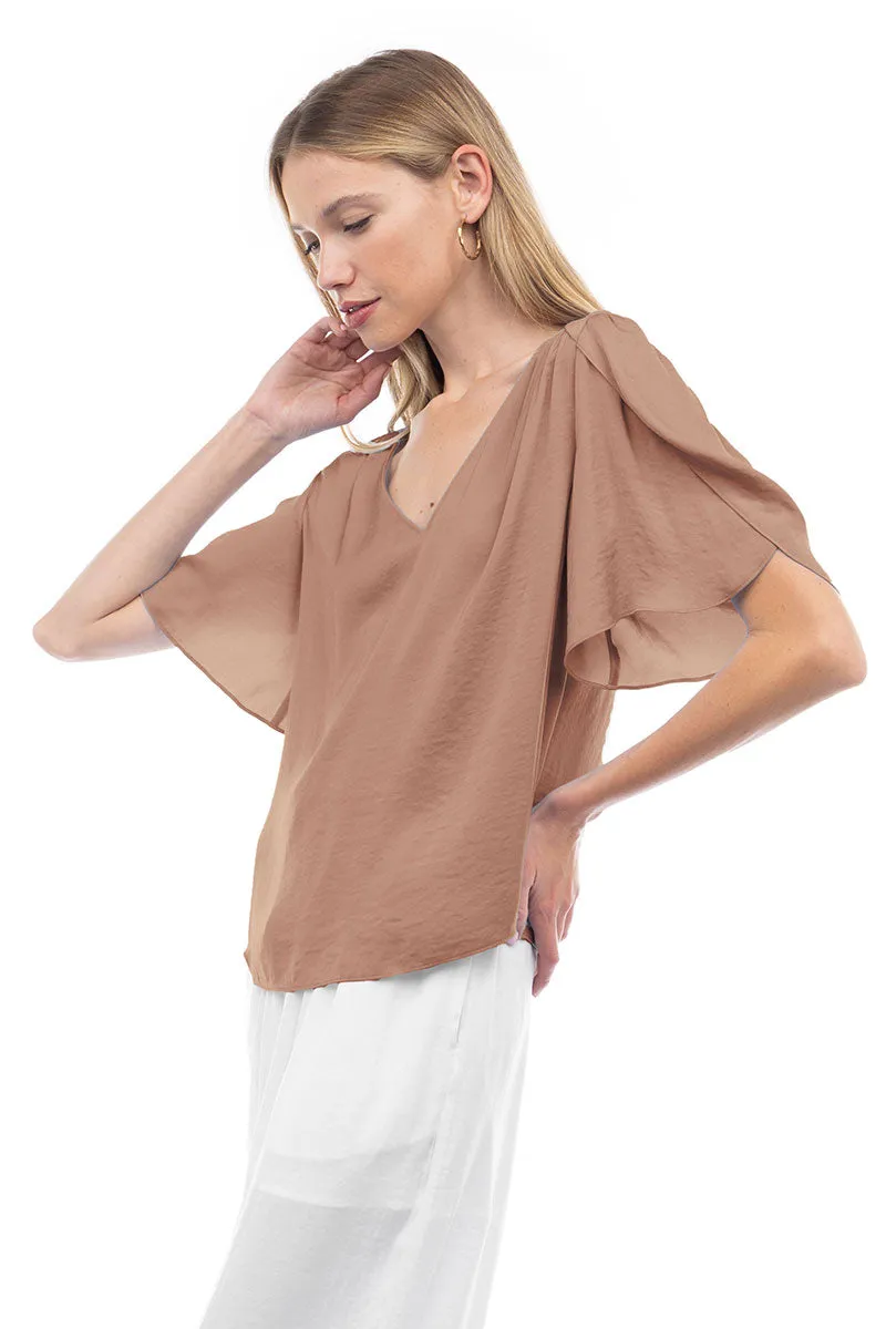 Flutter Sleeve V-Neck Satin Blouse