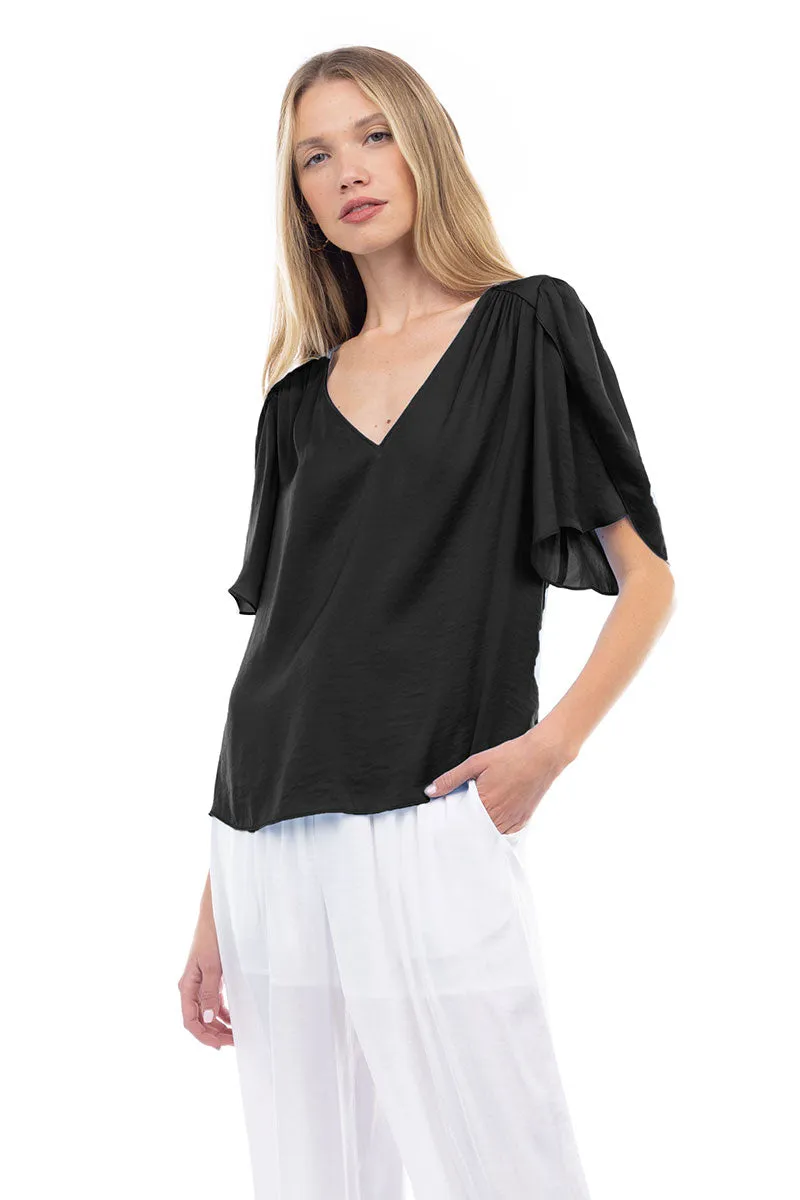 Flutter Sleeve V-Neck Satin Blouse