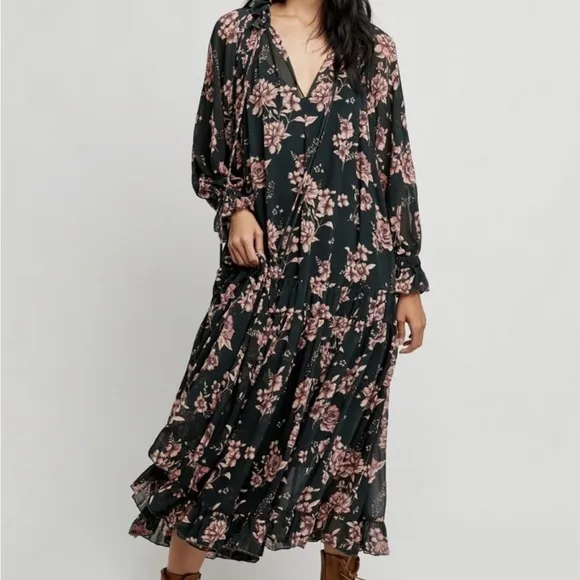 Free People Feeling Groovy Maxi Dress Size XS Dark Green Floral Oversized Flowy