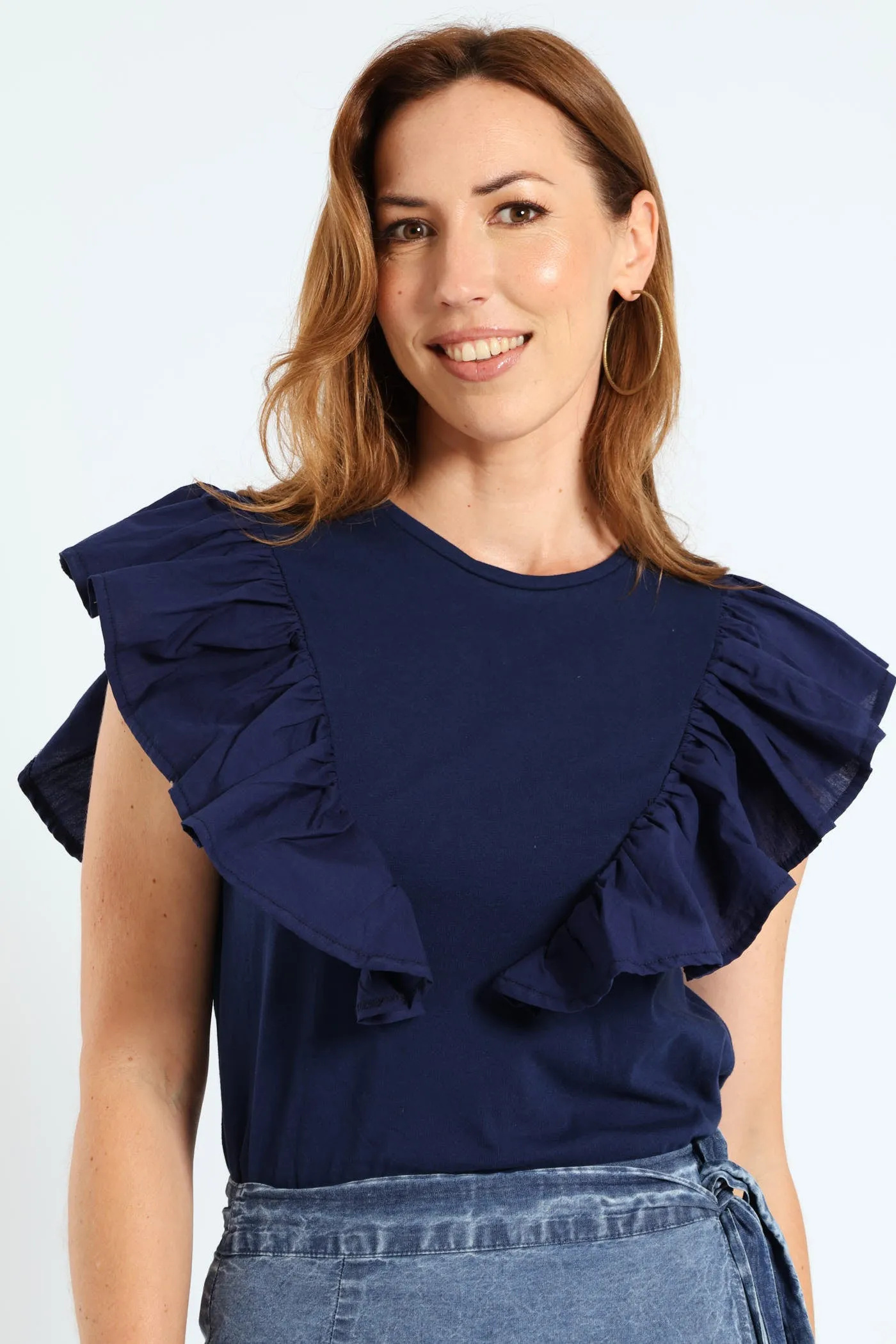 Frill Detail Boxy Combo Tee - Navy