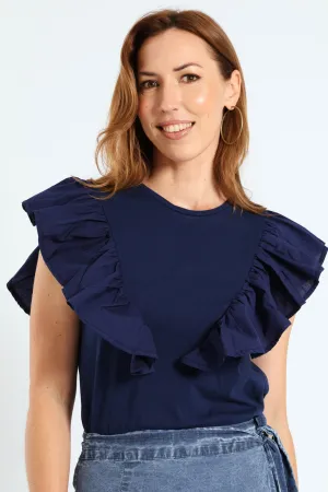 Frill Detail Boxy Combo Tee - Navy