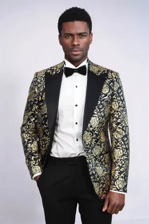 Gold Rose Patterned Slim Fit Navy Blue Men Prom Blazer - Wessi