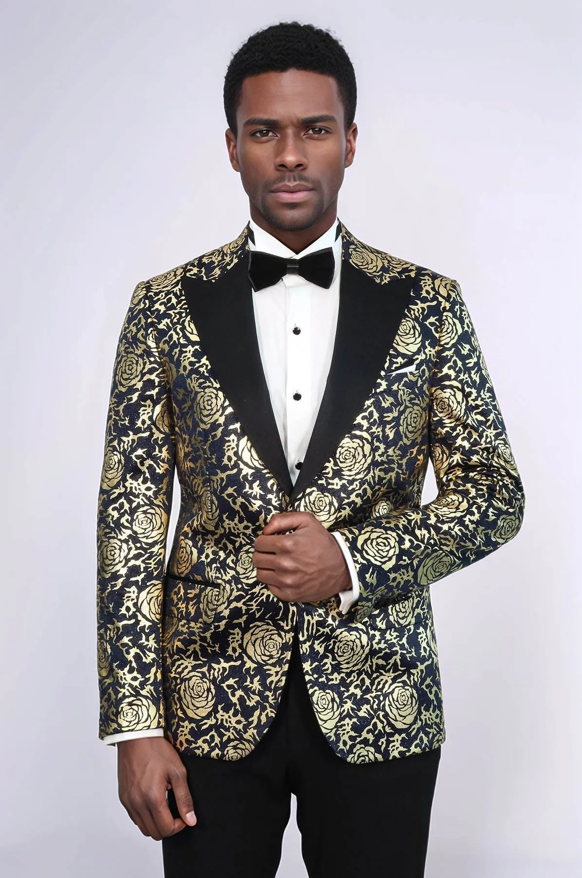 Gold Rose Patterned Slim Fit Navy Blue Men Prom Blazer - Wessi