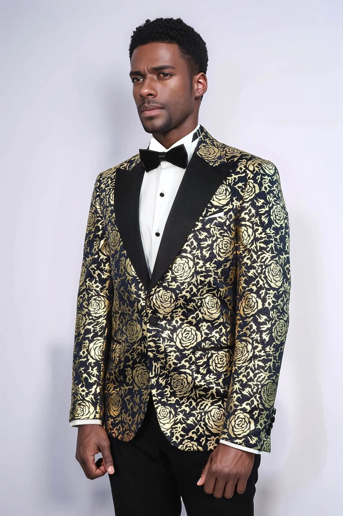 Gold Rose Patterned Slim Fit Navy Blue Men Prom Blazer - Wessi