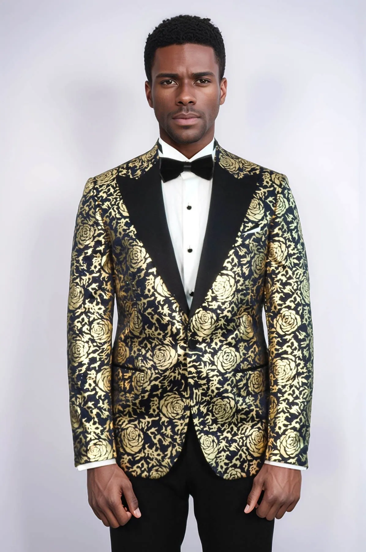 Gold Rose Patterned Slim Fit Navy Blue Men Prom Blazer - Wessi