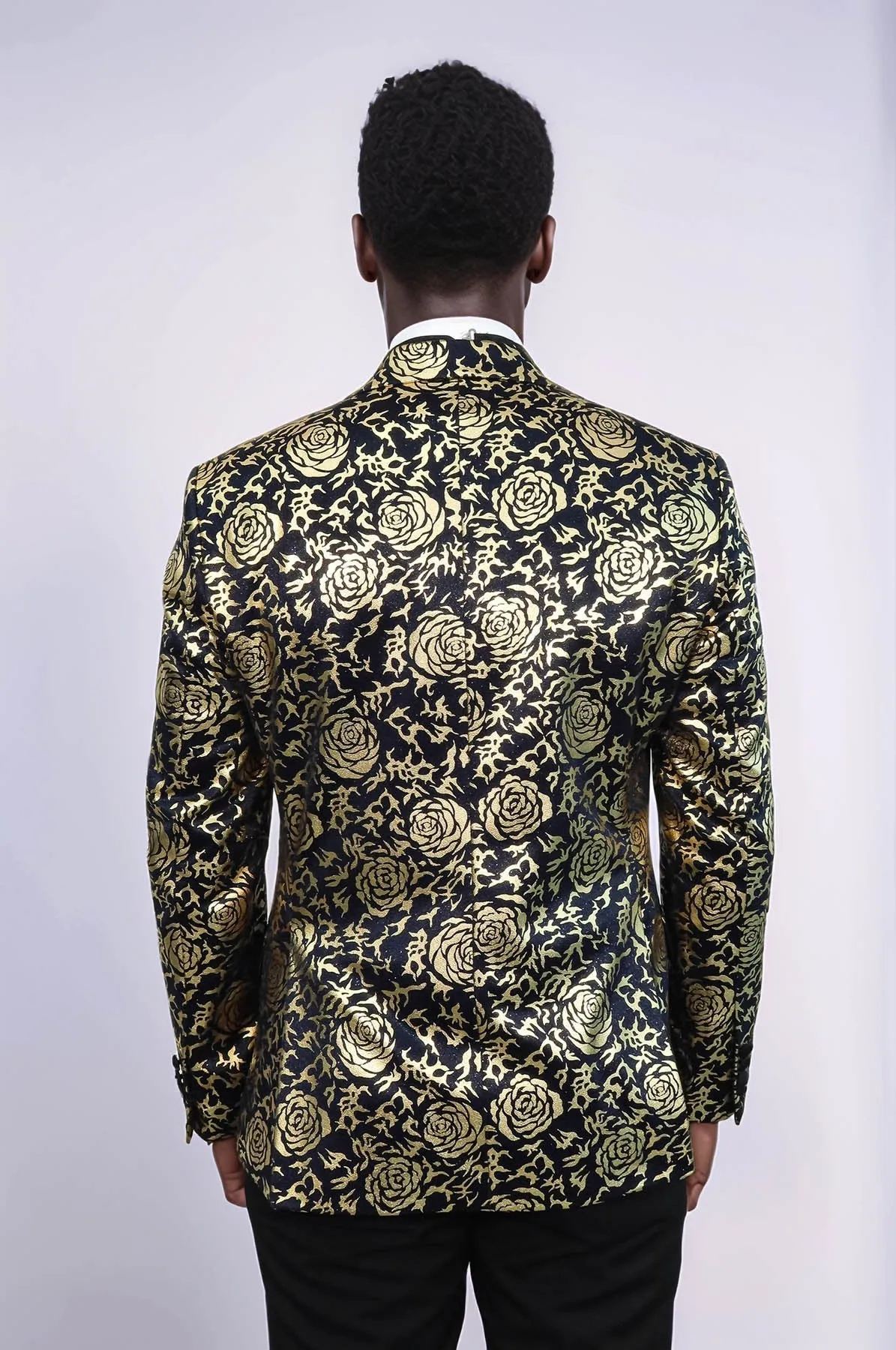 Gold Rose Patterned Slim Fit Navy Blue Men Prom Blazer - Wessi