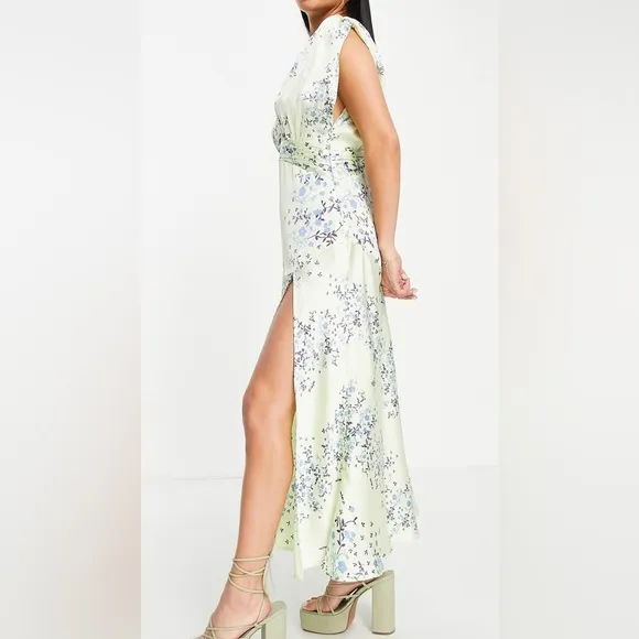 Green Satin Sleeveless Maxi Dress in Green Floral Print - ruched and flattering