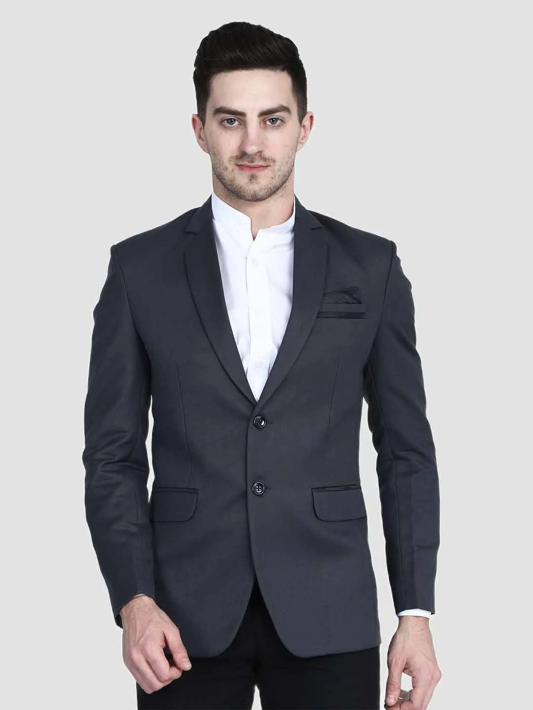 Grey Notched Lapel Blazer With Hanky