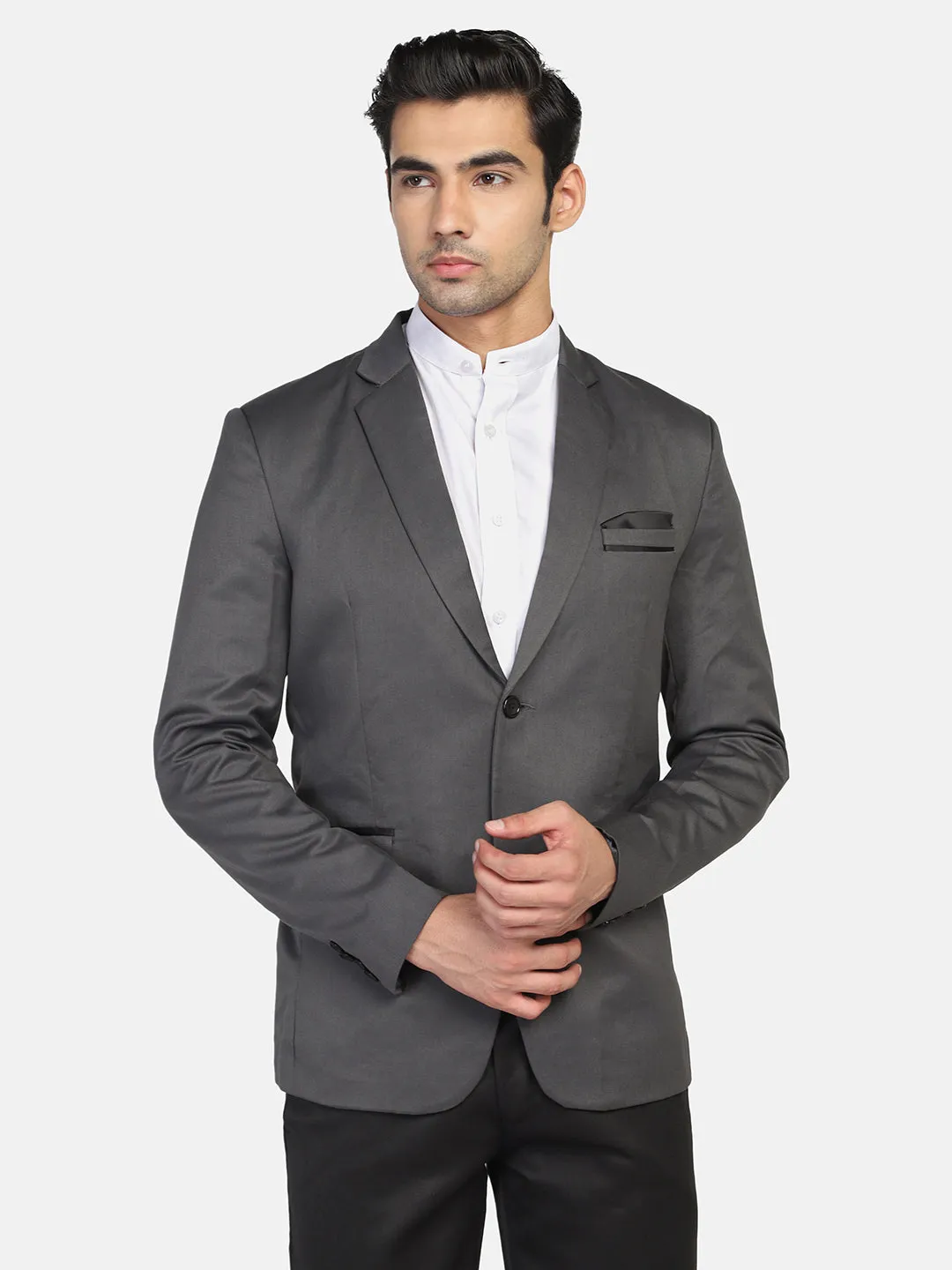 Grey Notched Lapel Blazer With Hanky