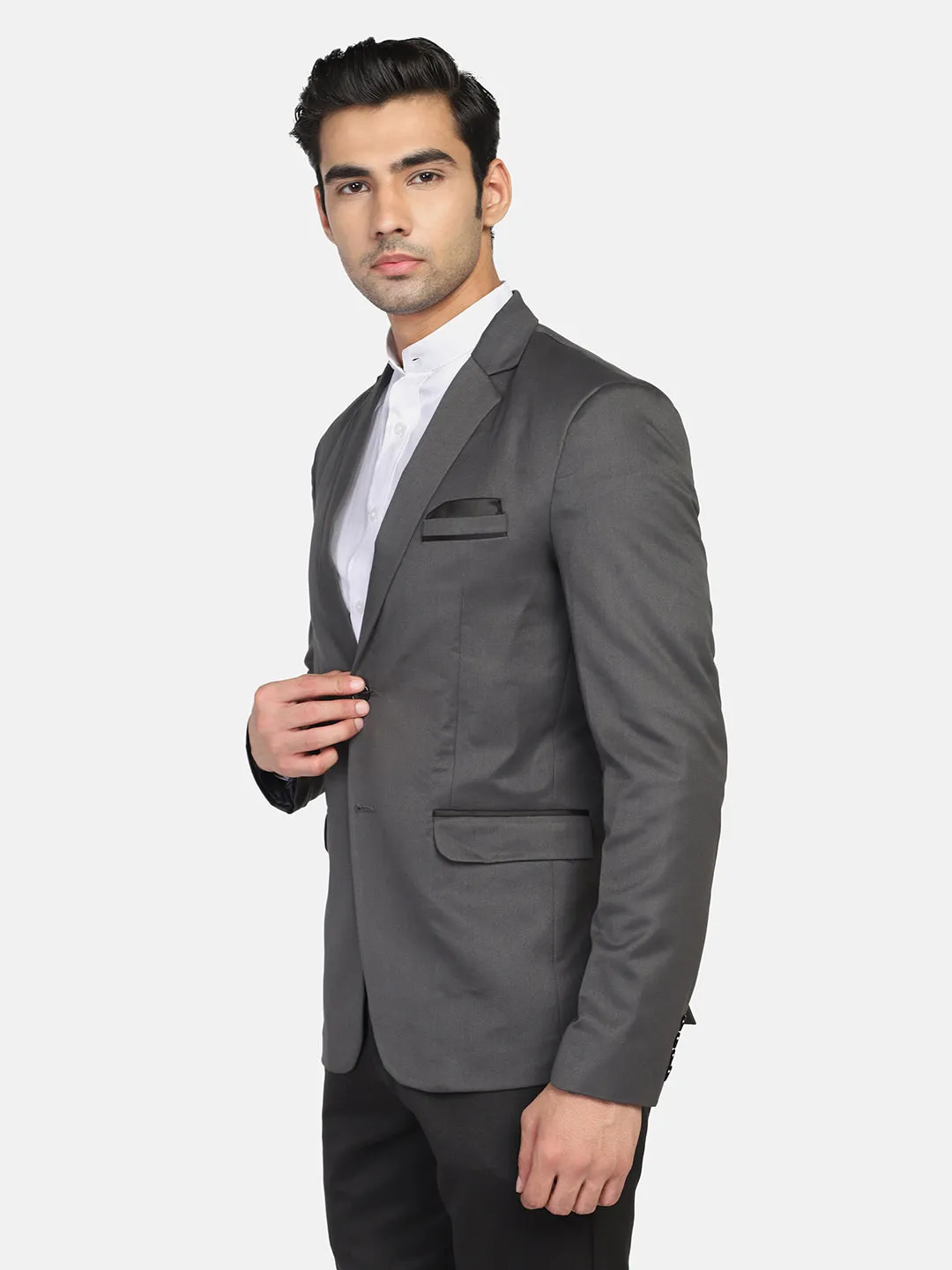 Grey Notched Lapel Blazer With Hanky