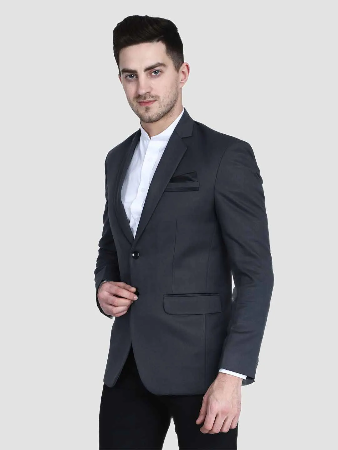 Grey Notched Lapel Blazer With Hanky