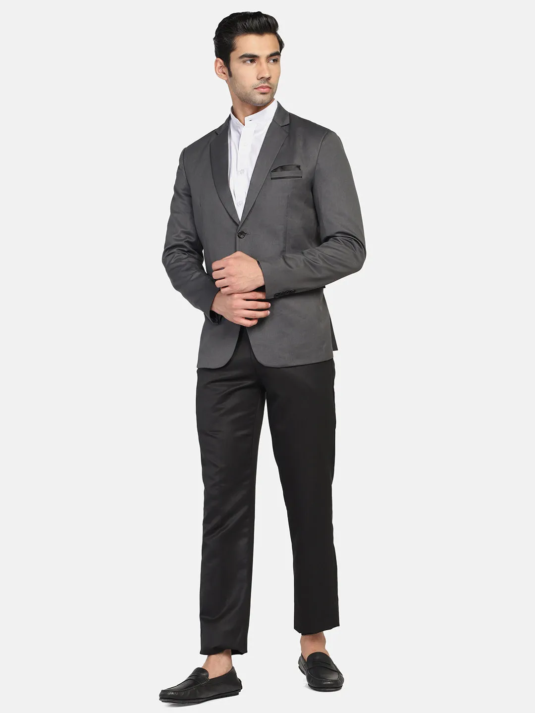 Grey Notched Lapel Blazer With Hanky