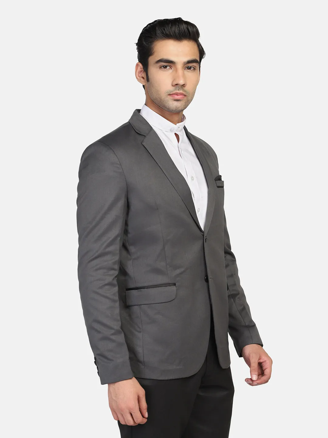 Grey Notched Lapel Blazer With Hanky