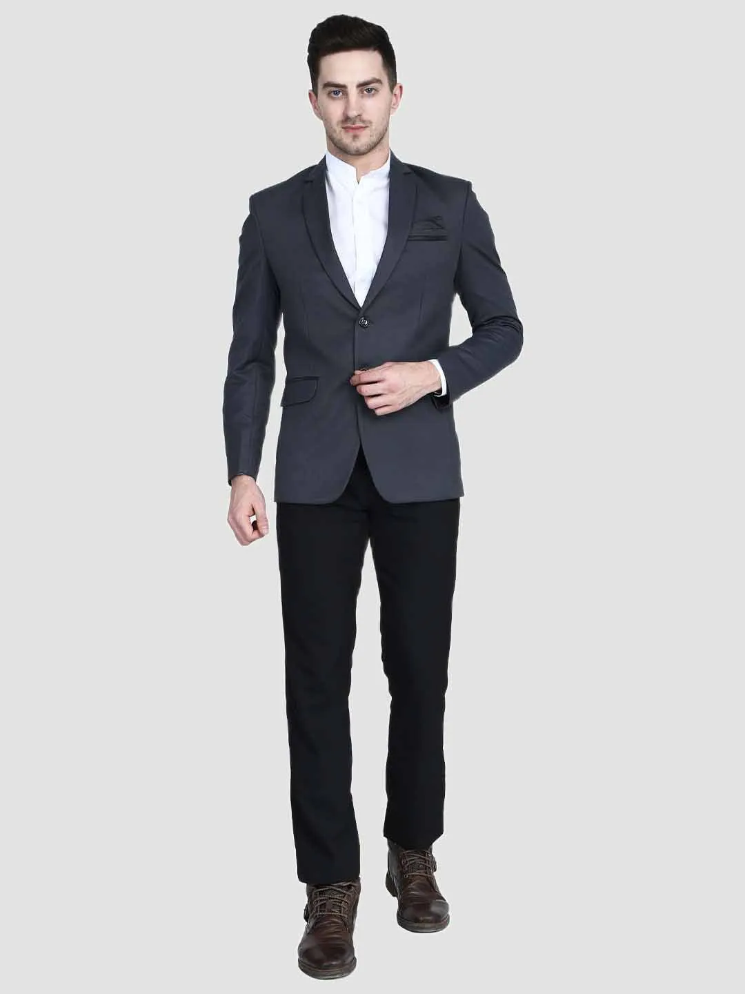Grey Notched Lapel Blazer With Hanky