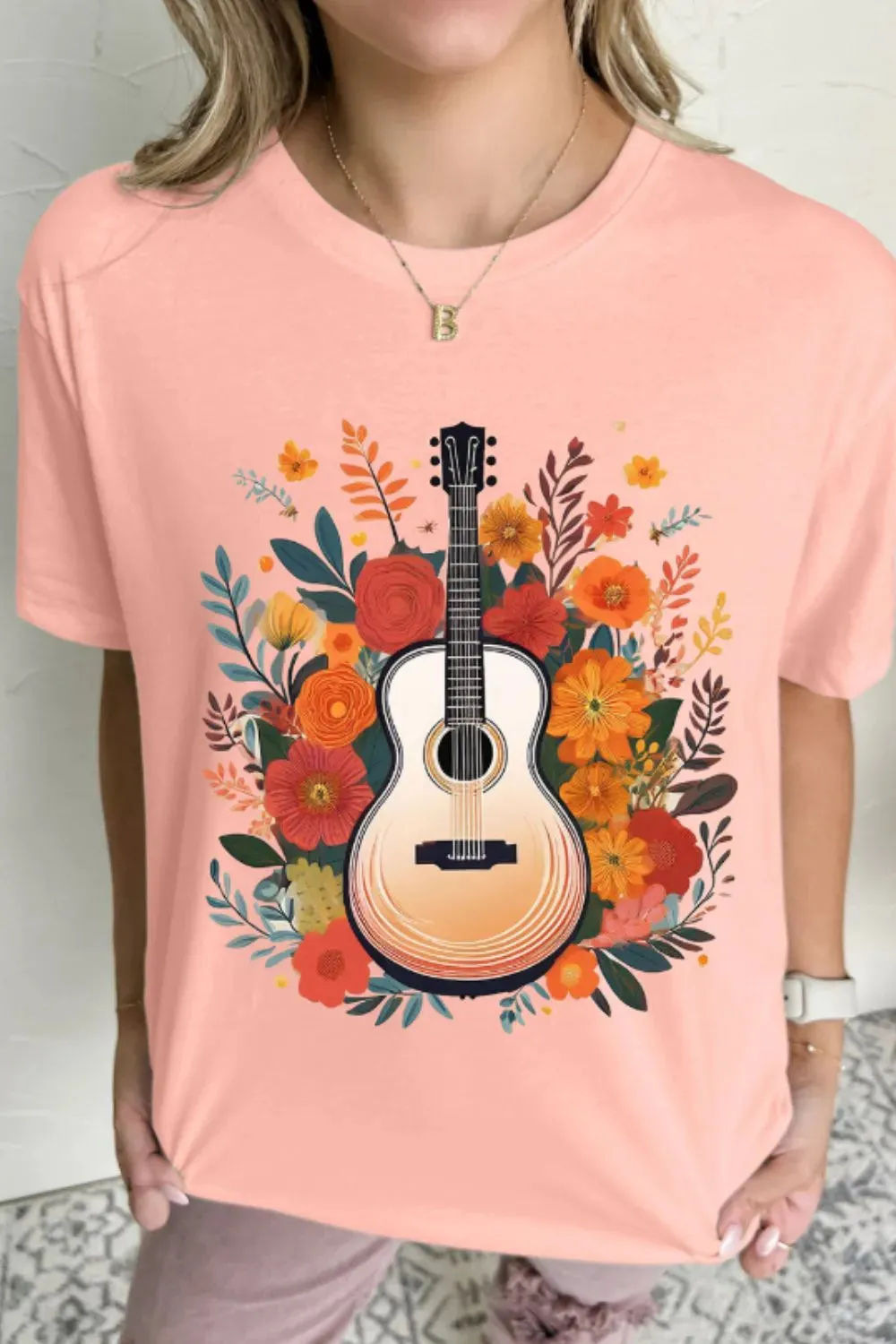 Guitar Flower Print Crew Neck Loose T Shirt