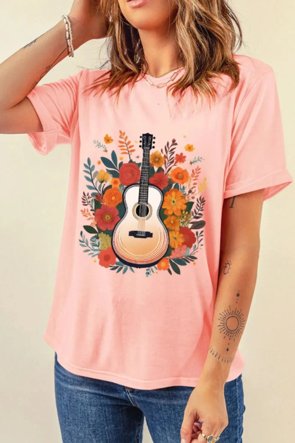 Guitar Flower Print Crew Neck Loose T Shirt