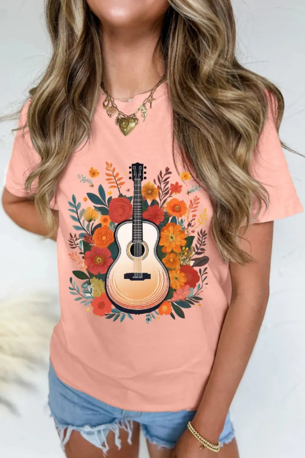 Guitar Flower Print Crew Neck Loose T Shirt