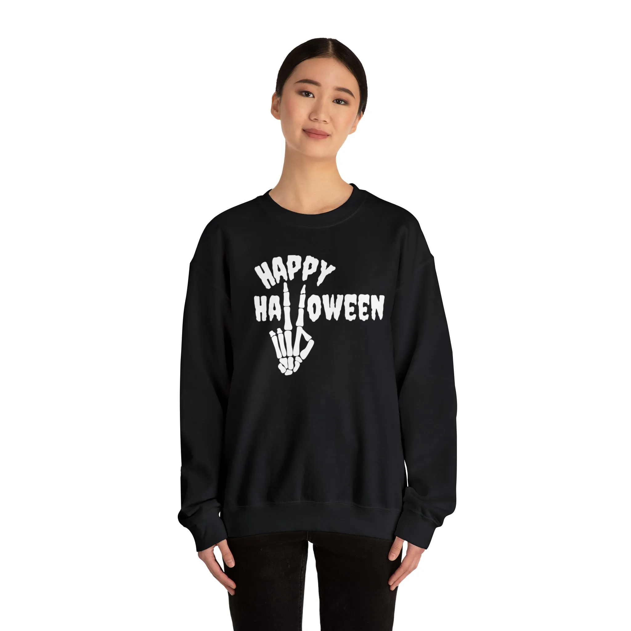 Happy Halloween Skeleton Sweatshirt, Scary Peace Pullover, Creepy Halloween Crewneck Sweatshirt, Unisex Heavy Blend Sweatshirt