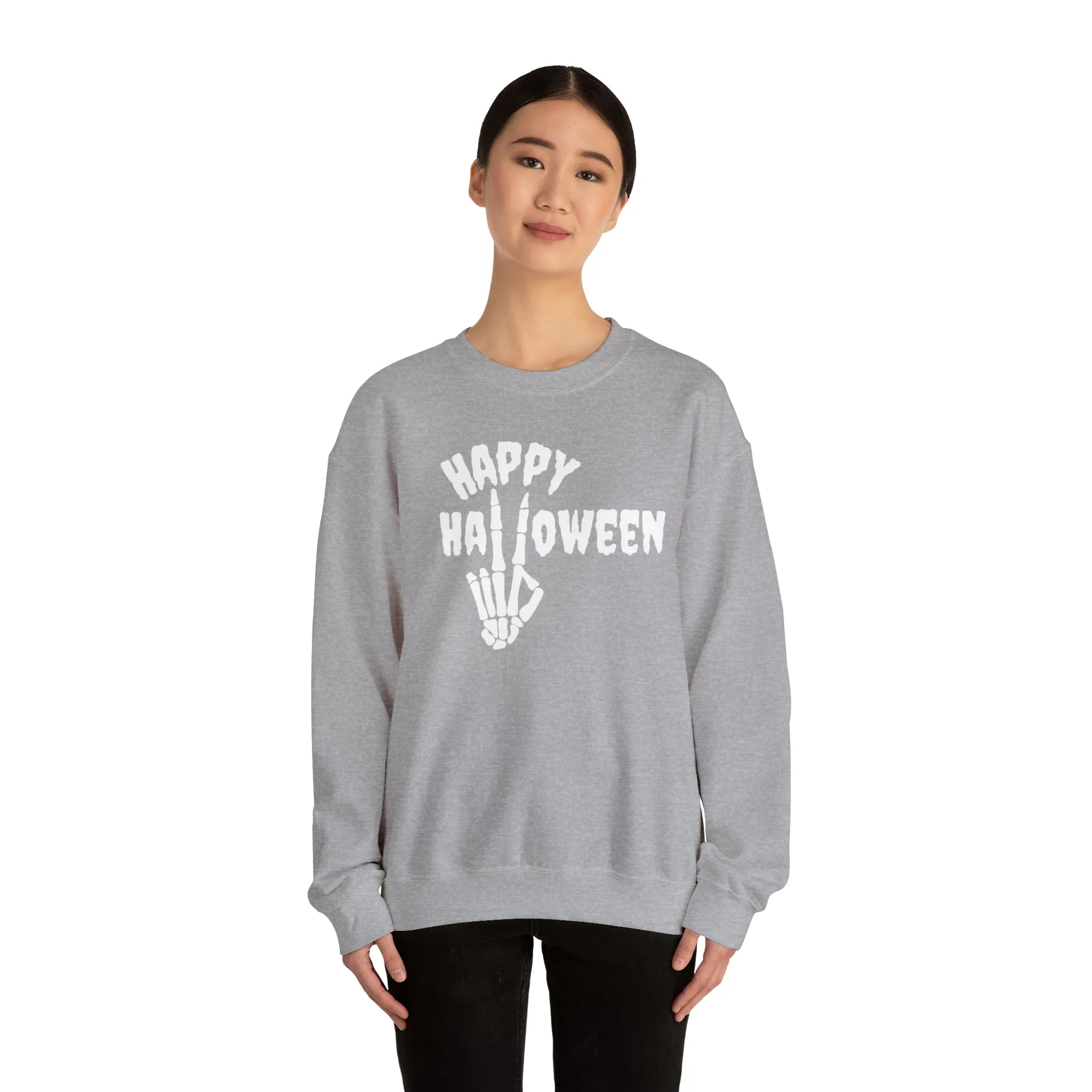 Happy Halloween Skeleton Sweatshirt, Scary Peace Pullover, Creepy Halloween Crewneck Sweatshirt, Unisex Heavy Blend Sweatshirt