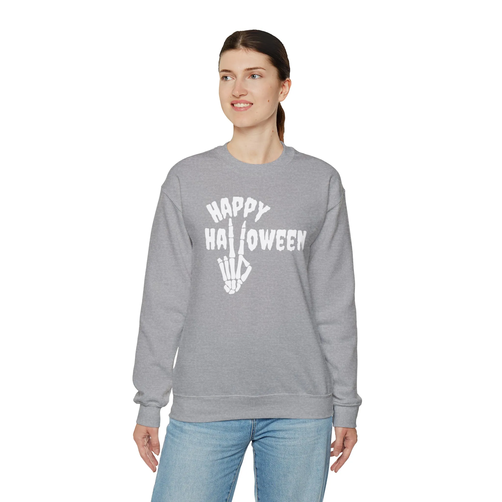 Happy Halloween Skeleton Sweatshirt, Scary Peace Pullover, Creepy Halloween Crewneck Sweatshirt, Unisex Heavy Blend Sweatshirt