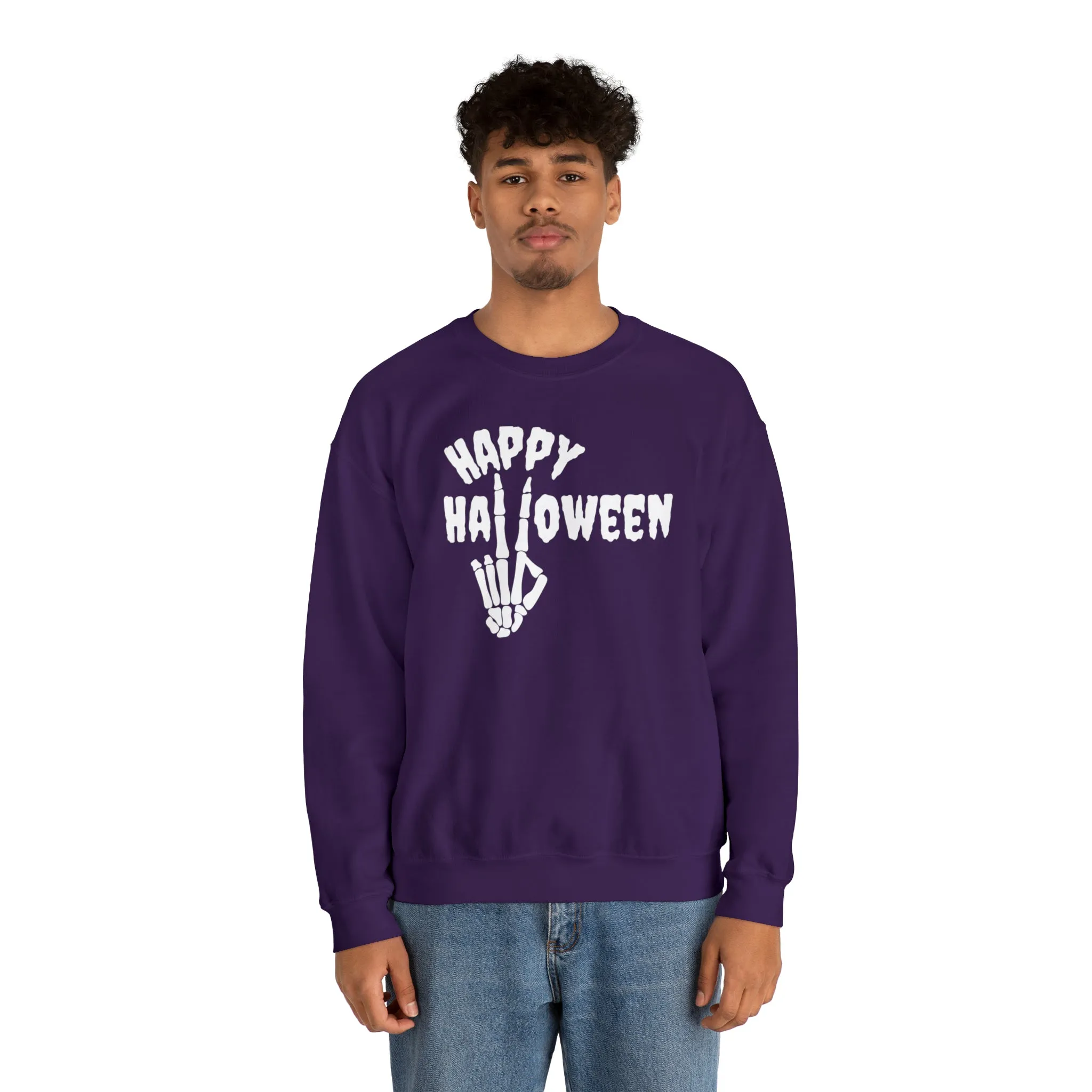 Happy Halloween Skeleton Sweatshirt, Scary Peace Pullover, Creepy Halloween Crewneck Sweatshirt, Unisex Heavy Blend Sweatshirt