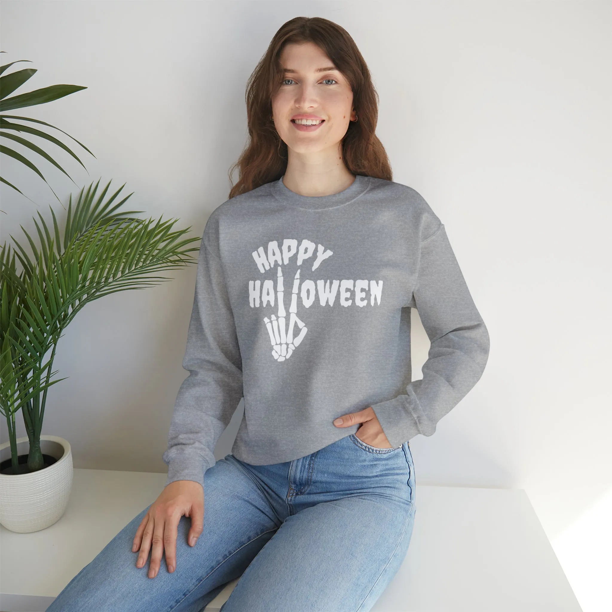 Happy Halloween Skeleton Sweatshirt, Scary Peace Pullover, Creepy Halloween Crewneck Sweatshirt, Unisex Heavy Blend Sweatshirt