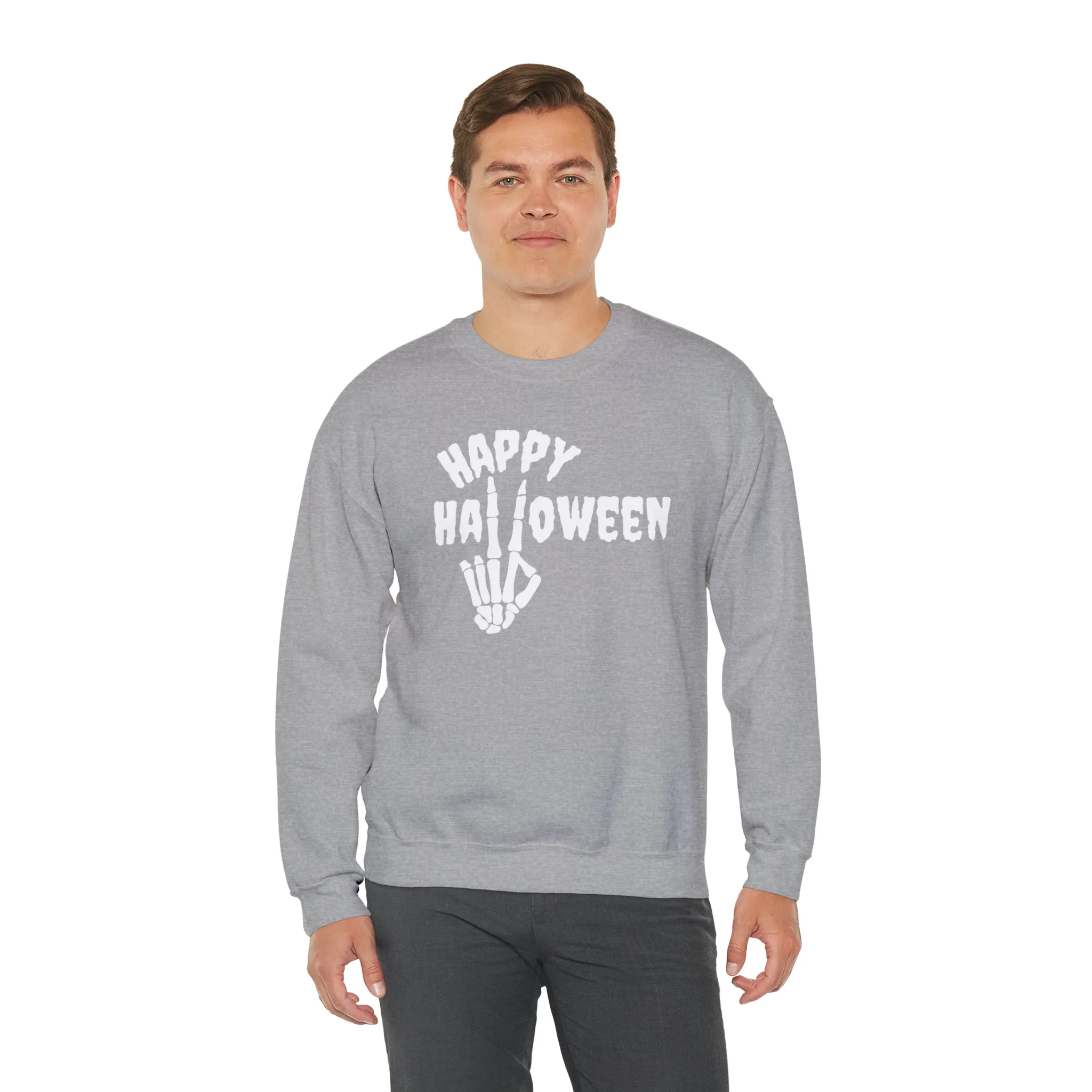 Happy Halloween Skeleton Sweatshirt, Scary Peace Pullover, Creepy Halloween Crewneck Sweatshirt, Unisex Heavy Blend Sweatshirt