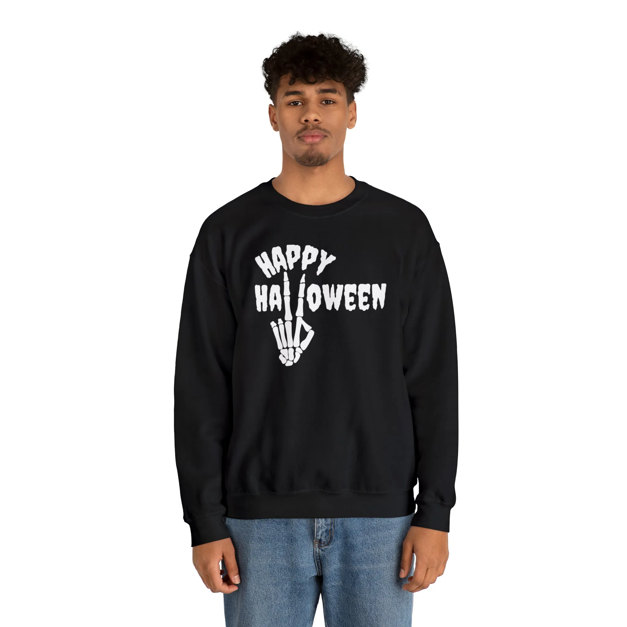 Happy Halloween Skeleton Sweatshirt, Scary Peace Pullover, Creepy Halloween Crewneck Sweatshirt, Unisex Heavy Blend Sweatshirt