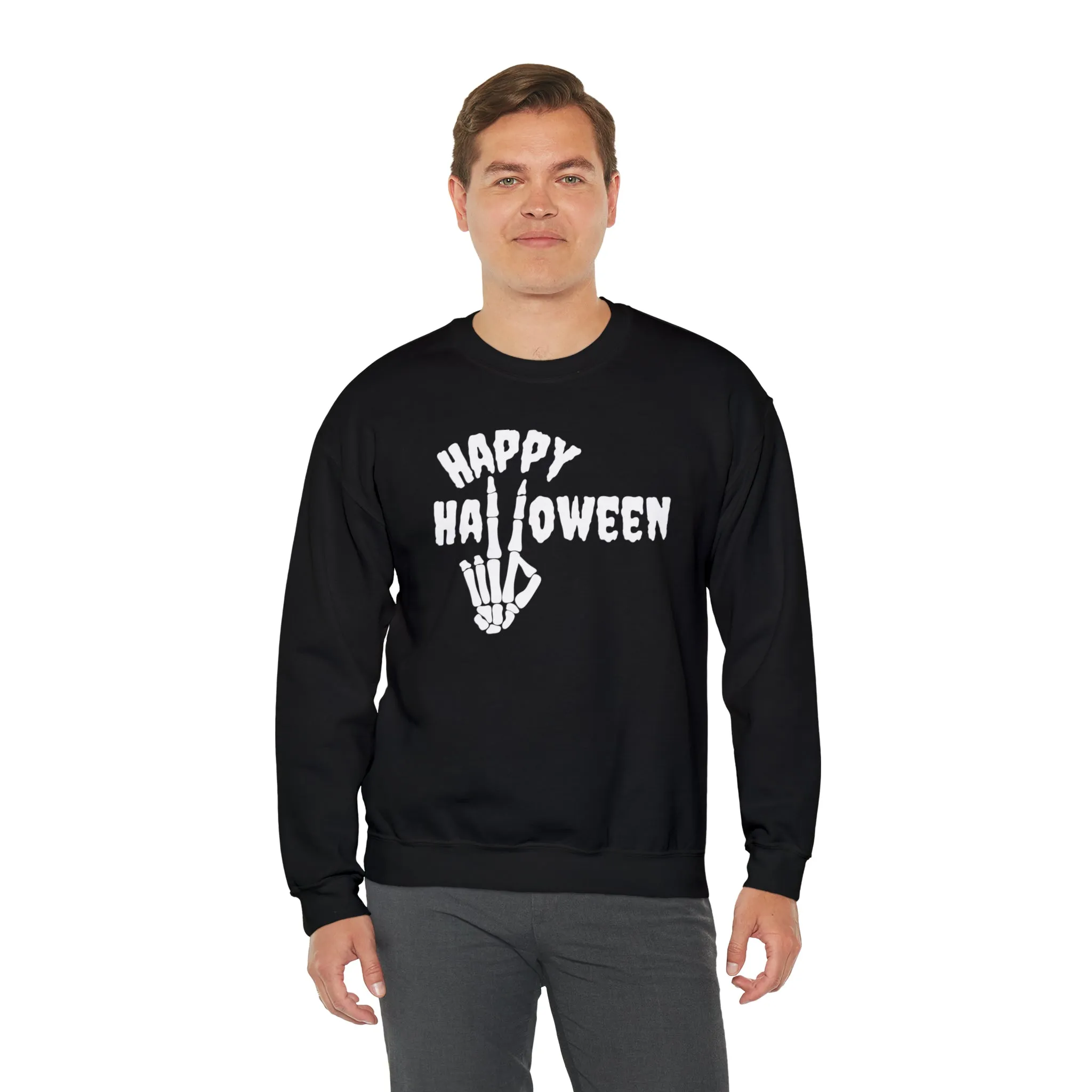Happy Halloween Skeleton Sweatshirt, Scary Peace Pullover, Creepy Halloween Crewneck Sweatshirt, Unisex Heavy Blend Sweatshirt
