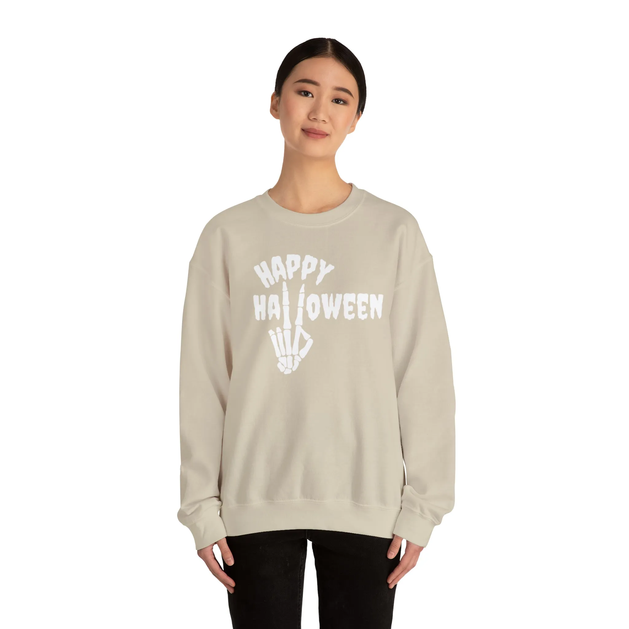 Happy Halloween Skeleton Sweatshirt, Scary Peace Pullover, Creepy Halloween Crewneck Sweatshirt, Unisex Heavy Blend Sweatshirt