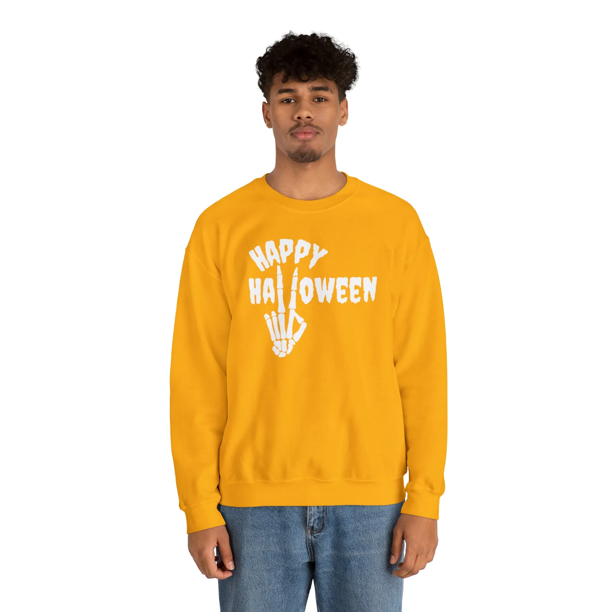 Happy Halloween Skeleton Sweatshirt, Scary Peace Pullover, Creepy Halloween Crewneck Sweatshirt, Unisex Heavy Blend Sweatshirt